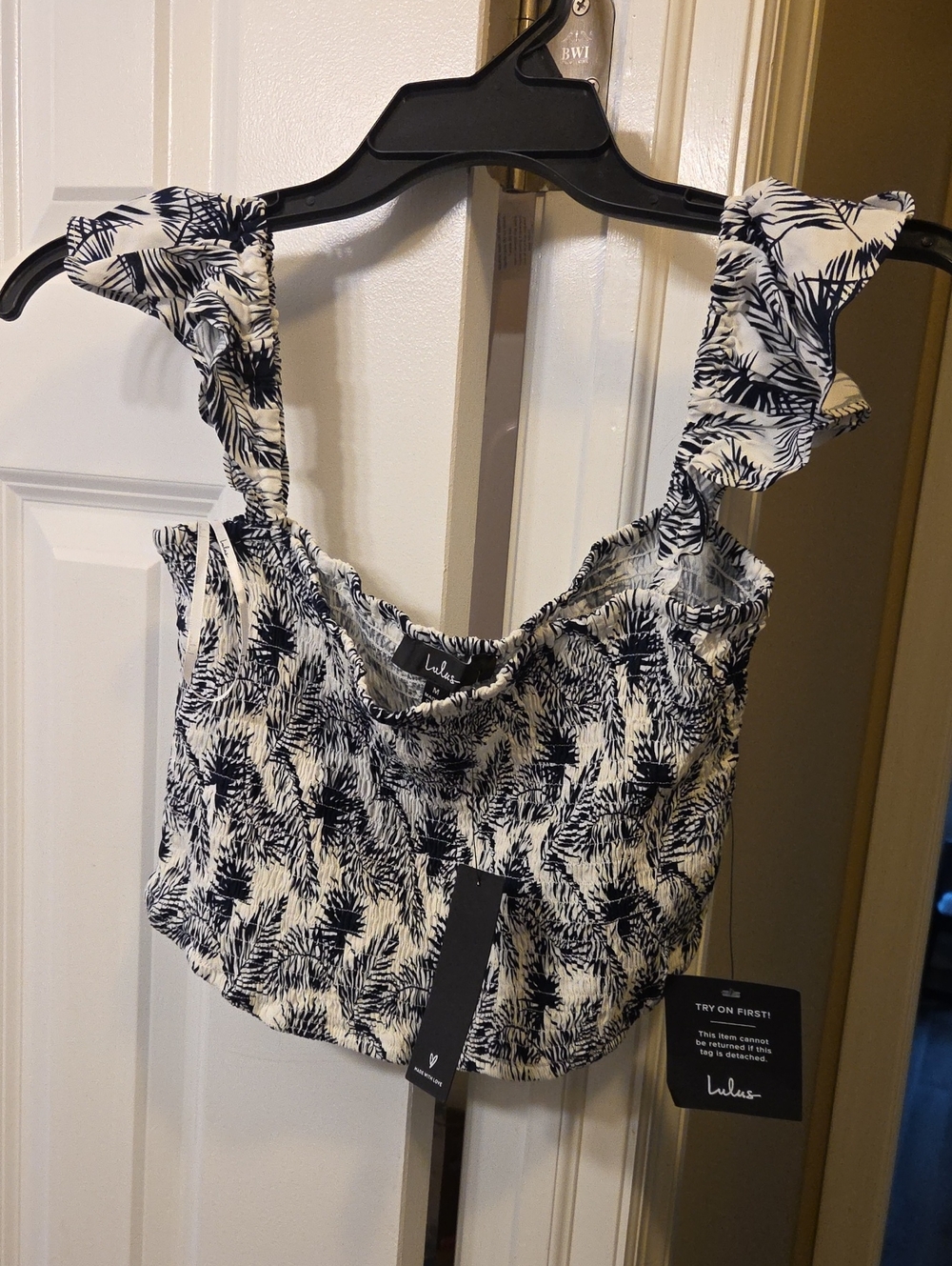 NWT- Lulu's Black & White Palm-Print Ruffle Strap Crop Top